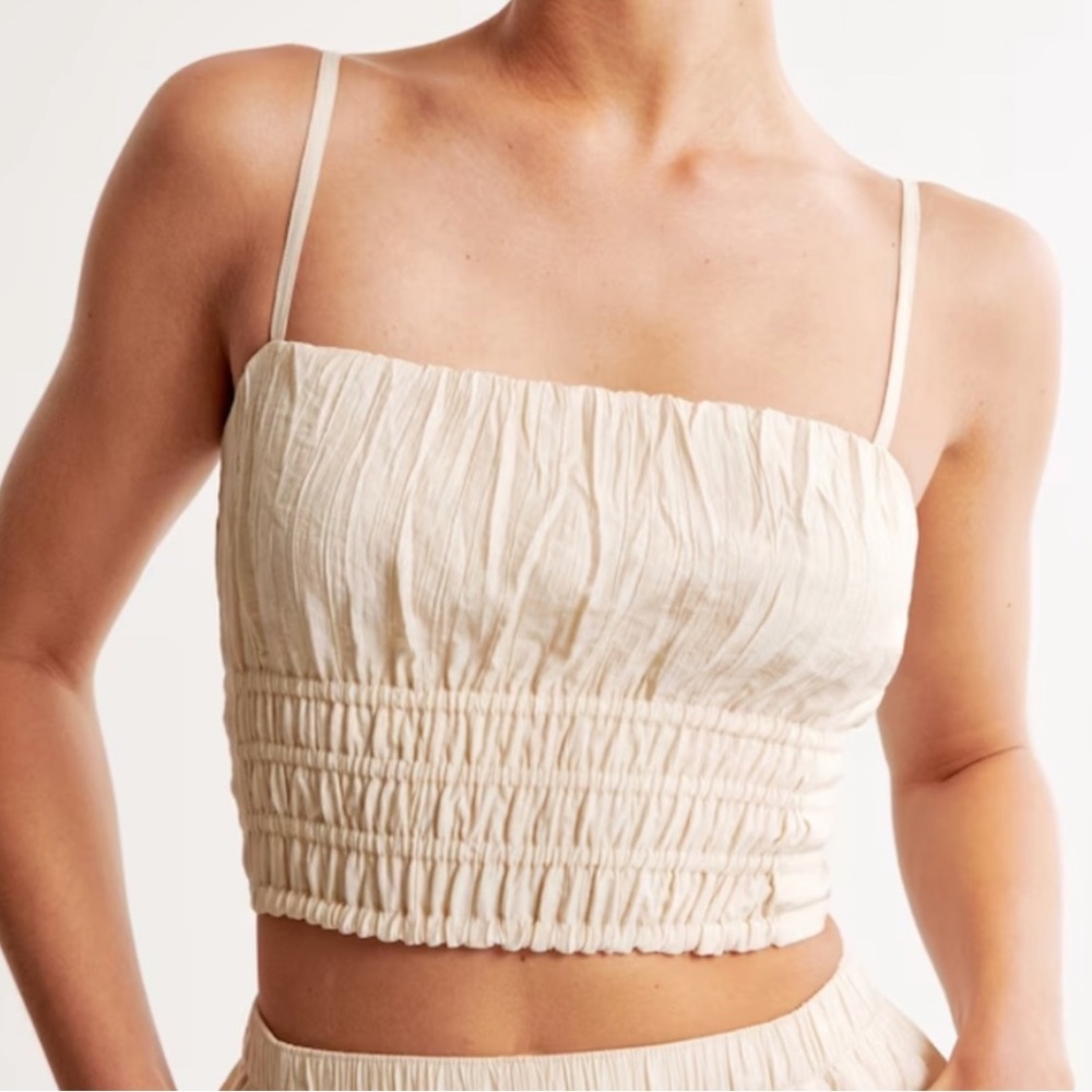 Abercrombie & Fitch Linen Crinkle Textured Ruched Crop Top